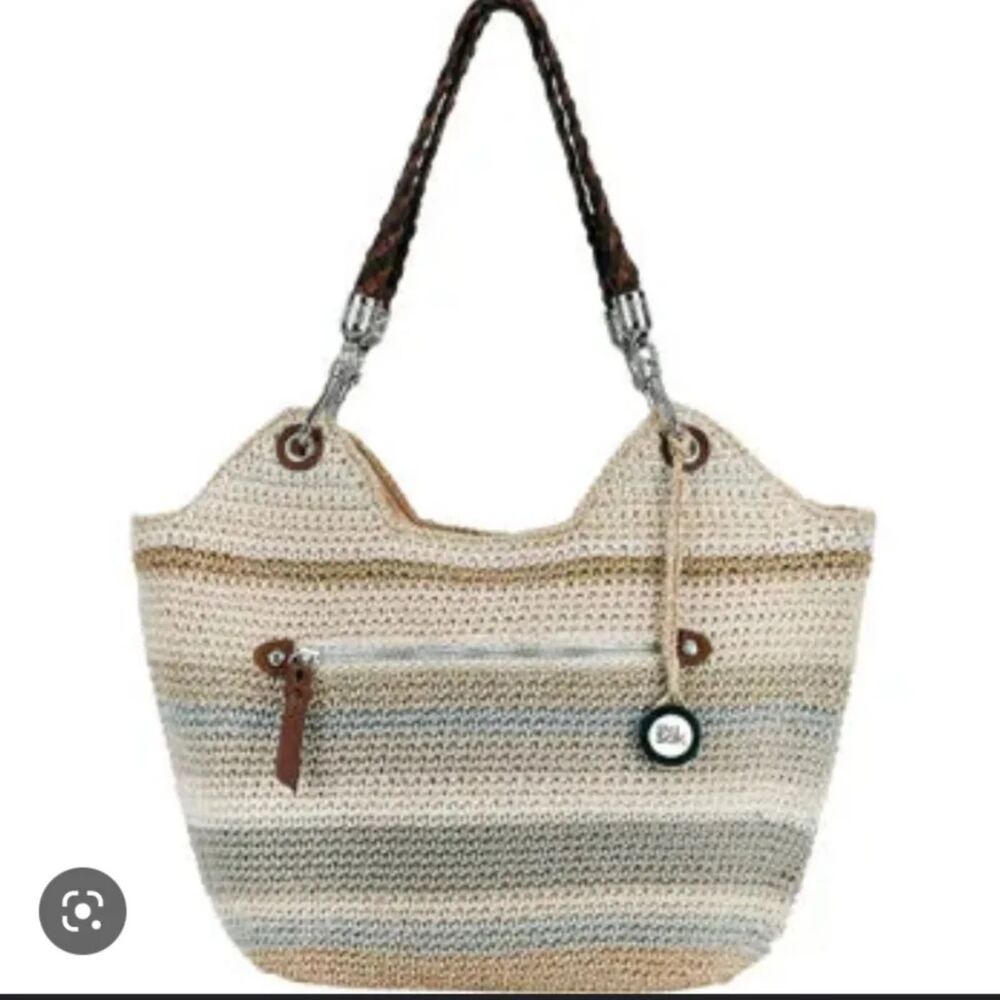The Sak Indio Crochet Shoulder Bag Sand Stripe Woven Boho Tote Purse